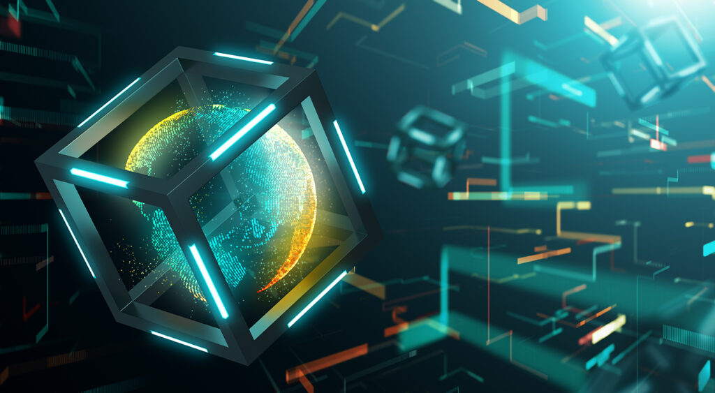 headline - stock image of the world in a cube | Google Cloud and BNB Chain