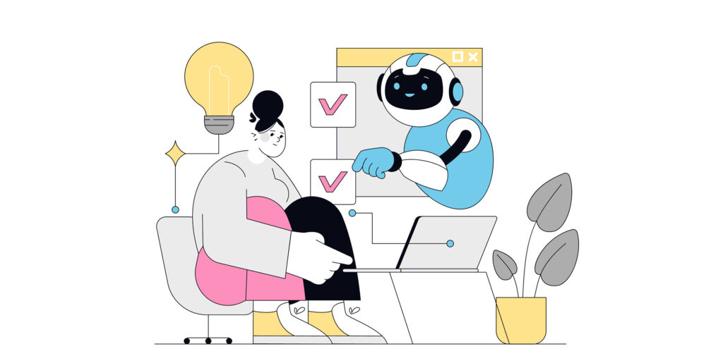 image of person and robot at computer | AI in HR