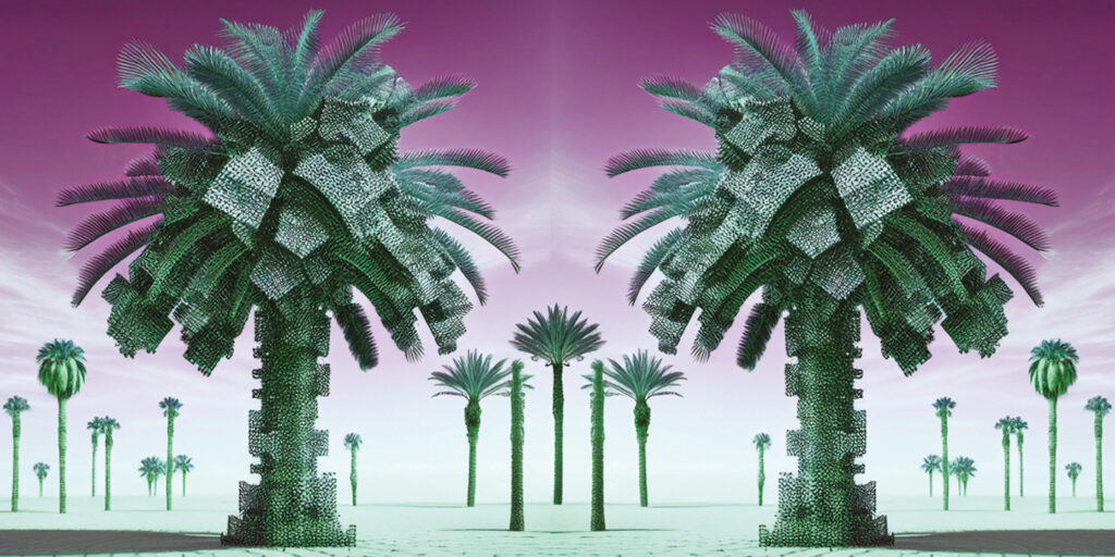 abstract image of green palm trees with purple background | ESG