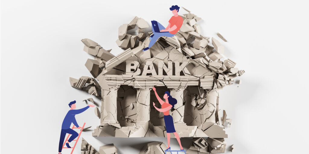 A bank with people sitting all around it on their phones. Cartoon. Risk.