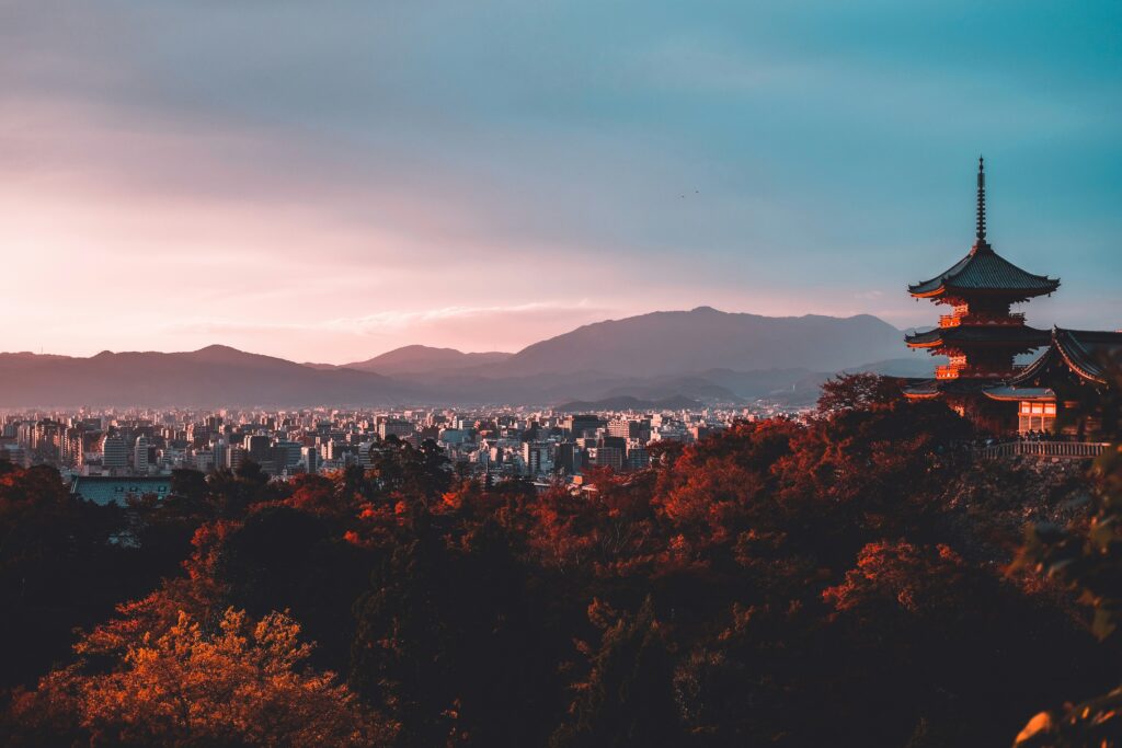 Pagoda city surrounded by trees during sunset; client innovation in Japan concept