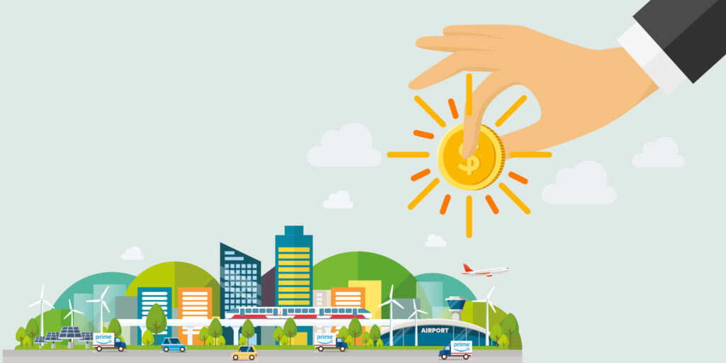 a graphic showing a green city and a hand holding a coin