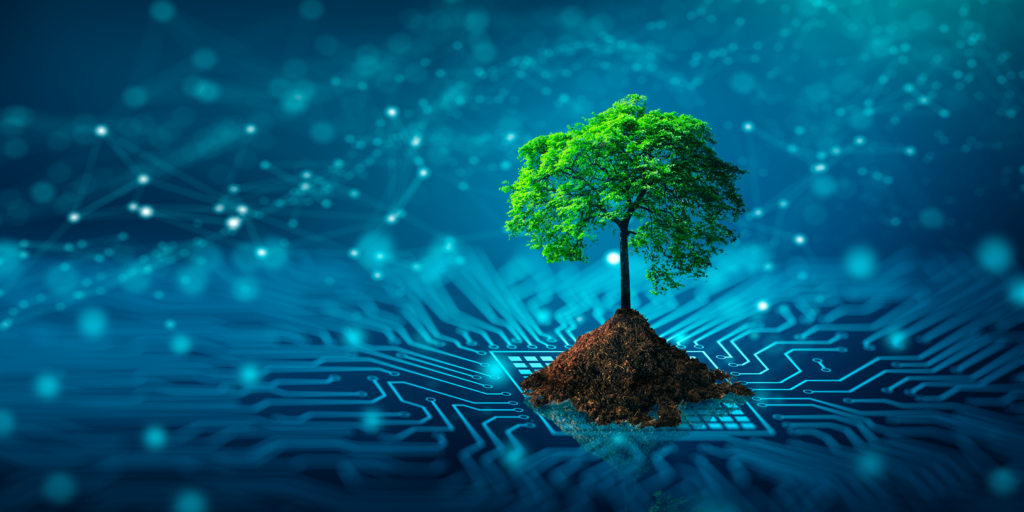 Abstract blue memory board, growing a tree