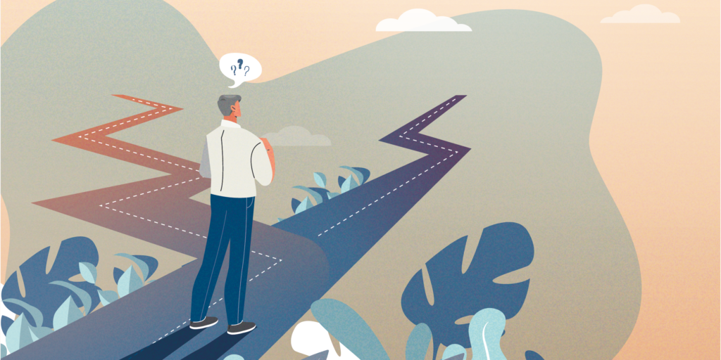 An illustration of a person looking ahead at the choice of two paths.