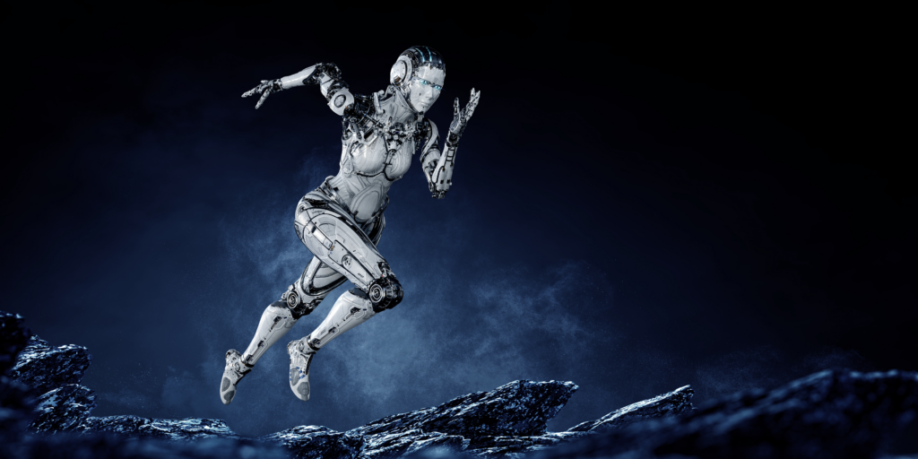 A robotic figure captured in a mid-running motion | AI