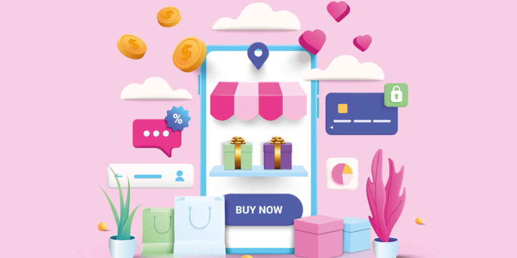 graphic of a marketplace coloured in pink| Confessions of a retail technologist