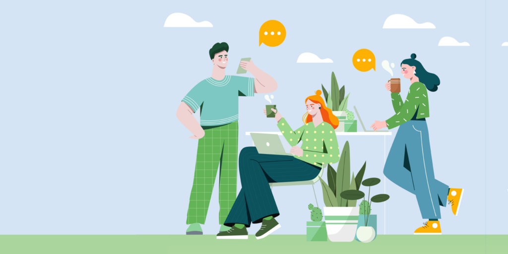 illustrated image of people with sun, grass and plants | HCM