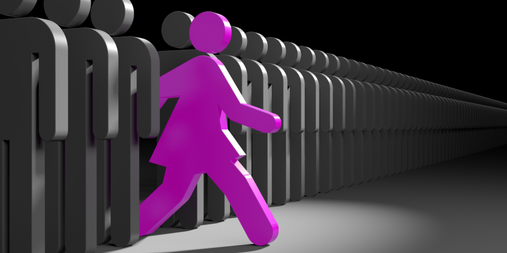 image of women figure stepping out of a line of men figures