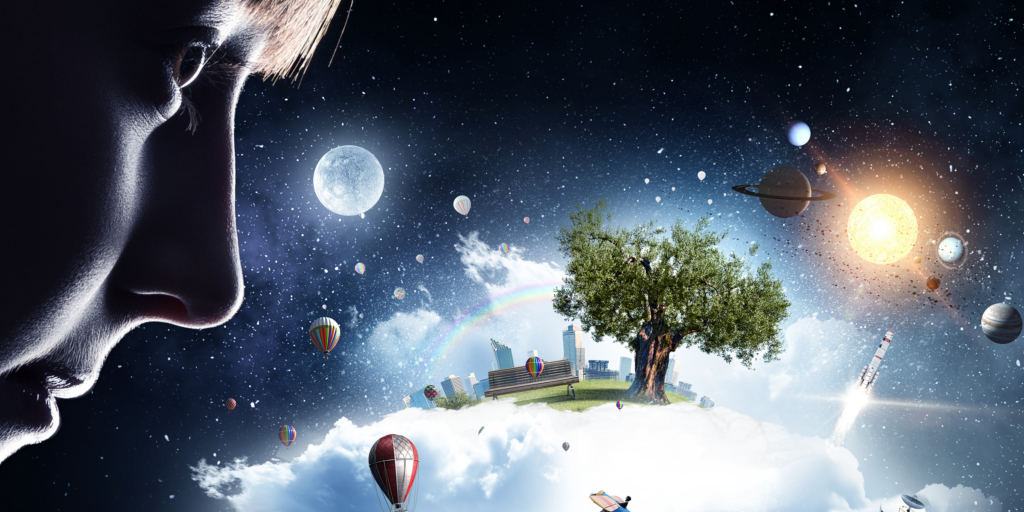 abstract image of face with cosmic universe, tree, stars and a planet in the background | STEM