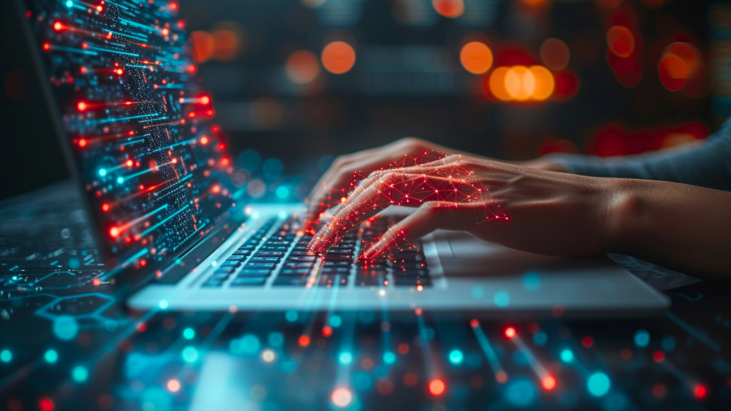 Close up of some hands tapping away at a laptop with a high-tech orange and blue overlay | DMI architects