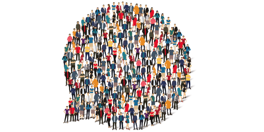 A quotation bubble made up of hundreds of people to depict a group | User groups in ERP