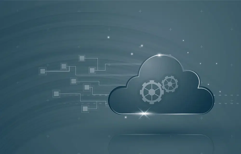 image of a grey cloud with screws inside of it and lines of data stretching from behind